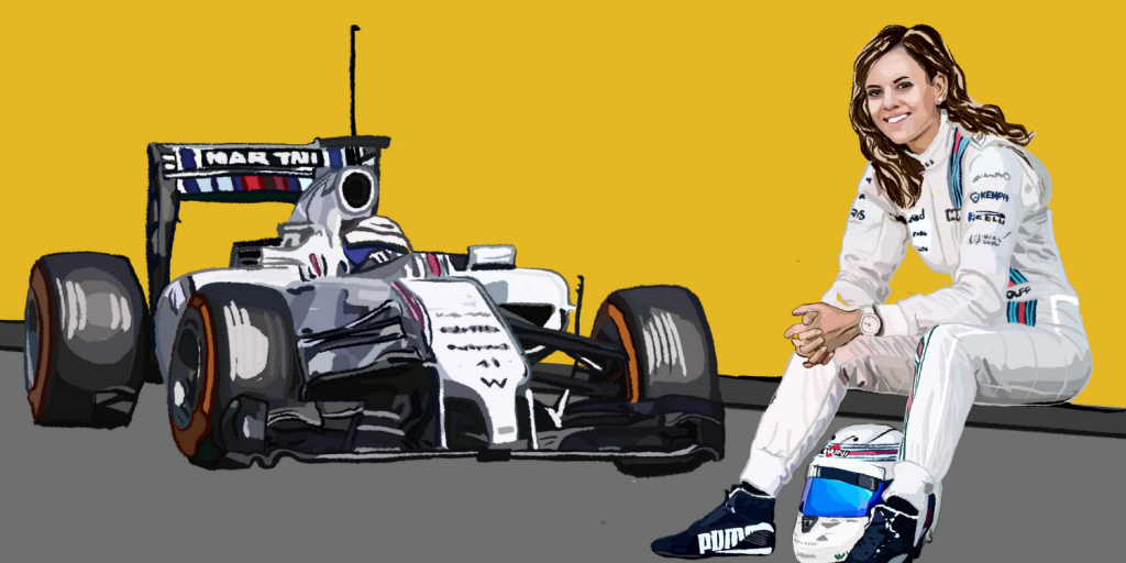 Susie Wolff in her Williams Formula One Team race suit with a Formula One car in the background