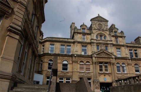 Boarded up windows on the desolate Coal Exchange