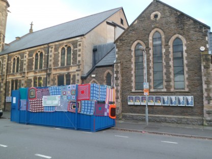 The yarn-bombed shipping container at The Gate Arts Centre was made by Nelly’s Treasures.