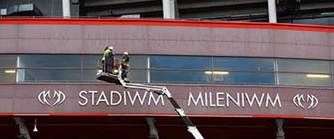 26.11.15 - WRU - The Millennium Stadium sign is taken down ahead of the stadium renaming to Principality Stadium in January 2016.