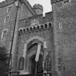 A picture of a castle in black and white