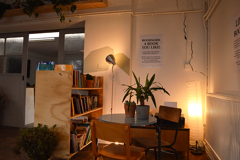 Picture of the co-working space and library of Gentle/Radical