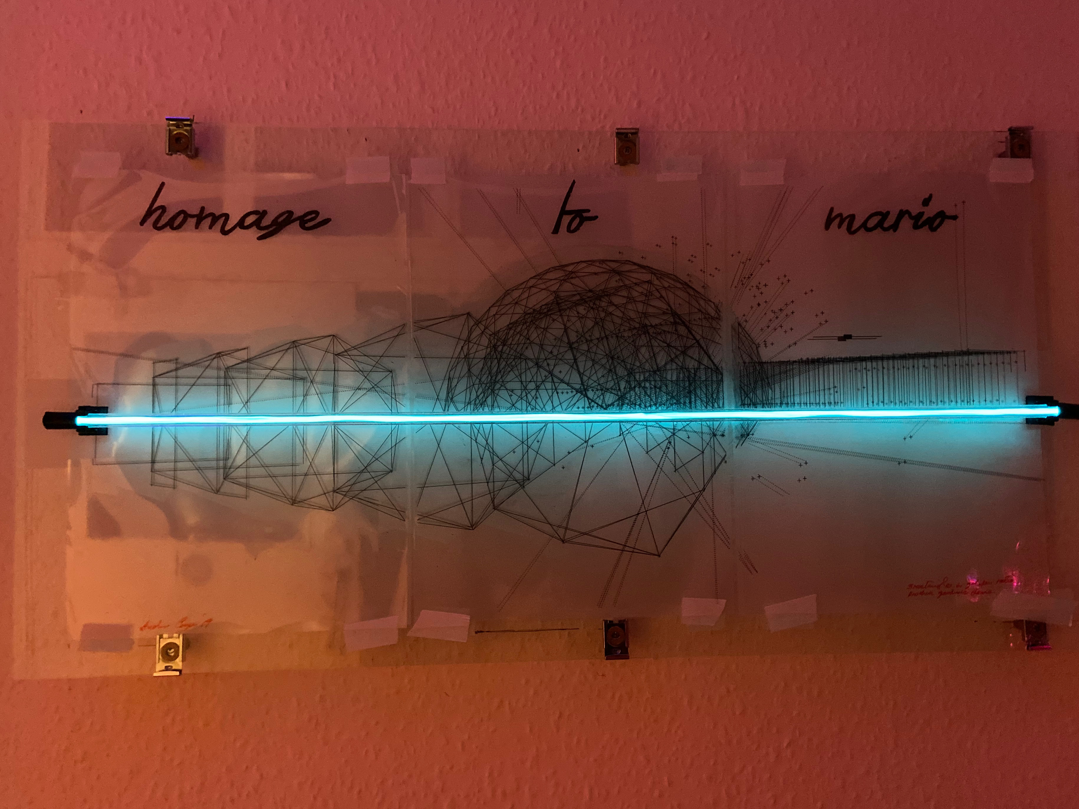 A neon blue line strikes through geometric line drawings of shapes, with the caption "homage to Mario" above