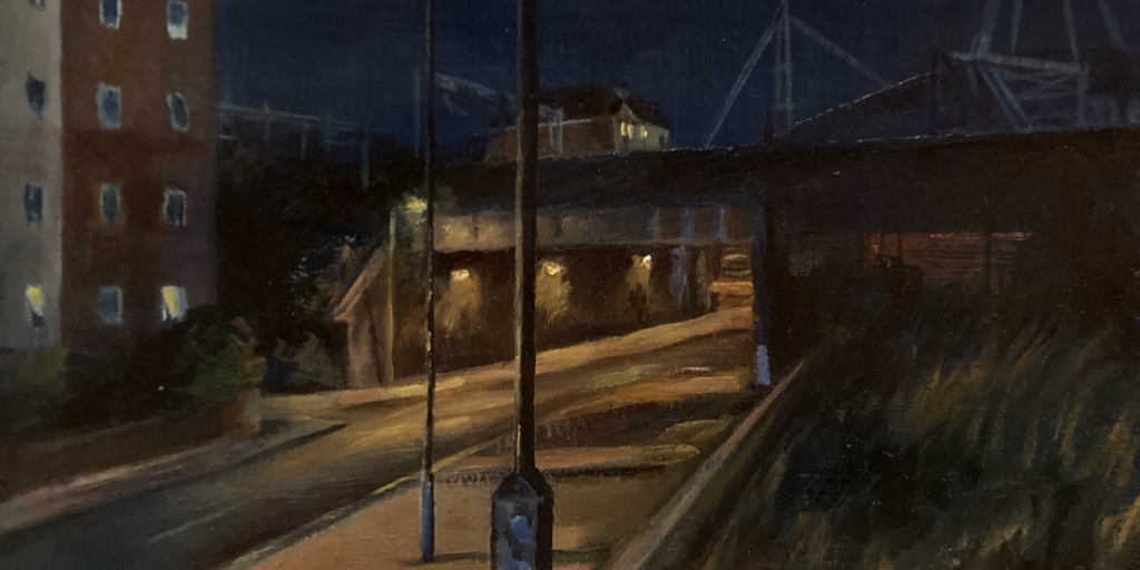A painting of Grangetown in Cardiff at night