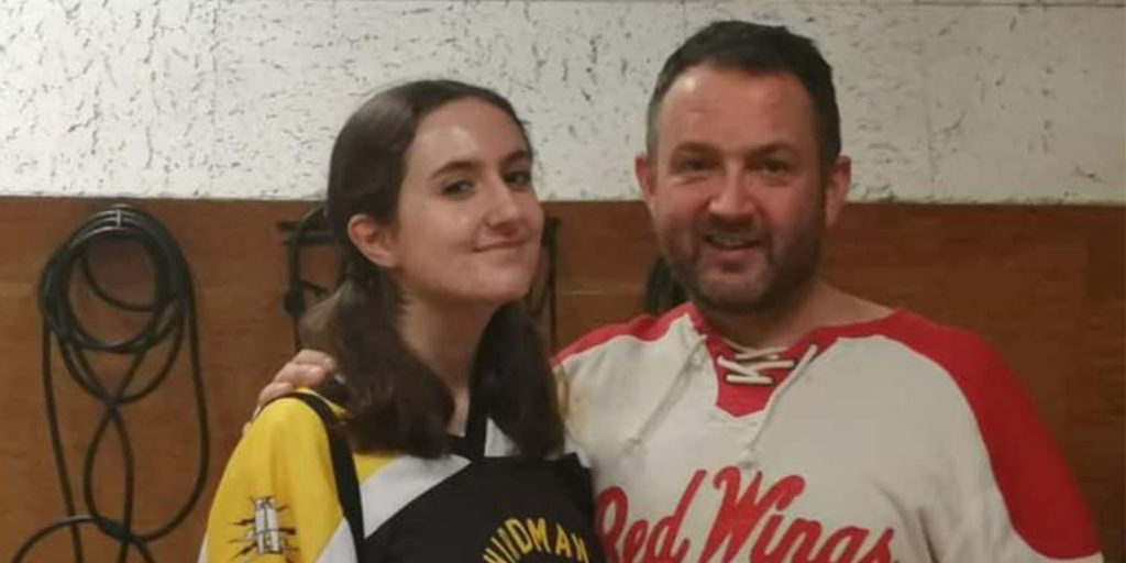 Sophie and Johnathan Williams from Cardiff in ice hockey jerseys 