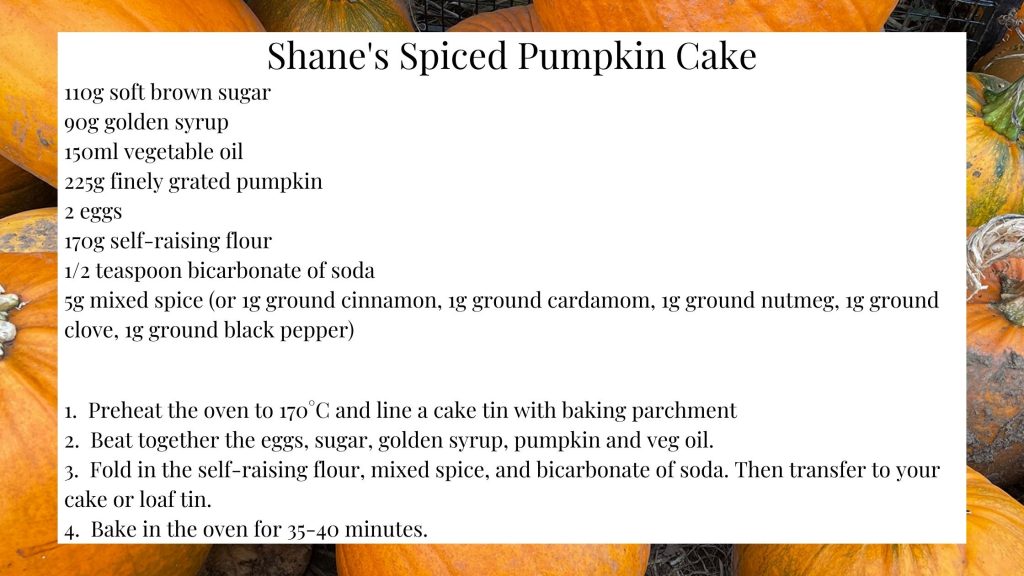 Recipe for Pumpkin cake, made with the pumpkins from pumpkin picking