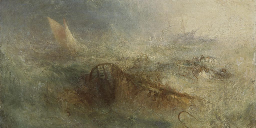 Painting of a ship caught in a rough storm