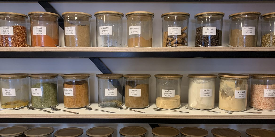 Shelves with jars of ingredients
