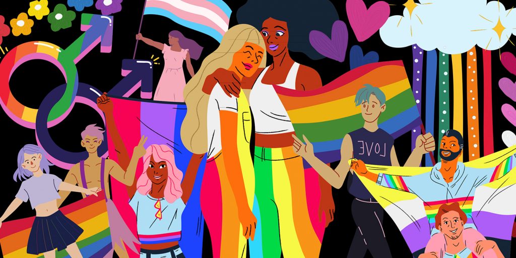 An illustration created on Canva, showcasing graphics of people of colour with different pride flags, focusing on homophobia against POCs specifically 