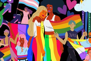 An illustration created on Canva, showcasing graphics of people of colour with different pride flags
