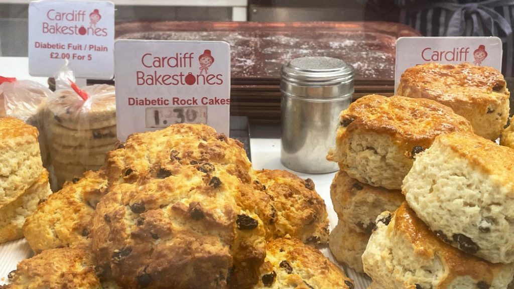 The image shows diabetic friendly scones and welsh cakes at Cardiff Bakestones