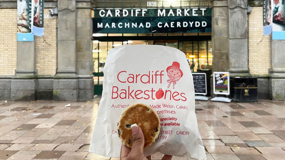 The picture shows a diabetic friendly dessert, a welsh cake, from Cardiff Bakestones in Cardiff Market