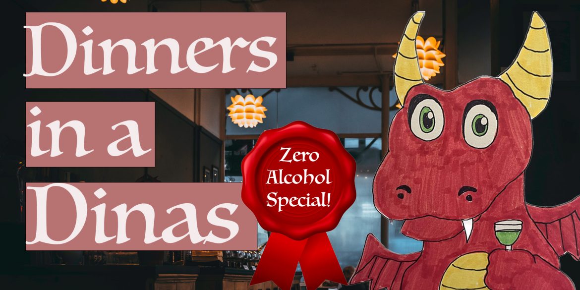 A red cartoon dragon holds a glass of wine in an ambient restaurant.