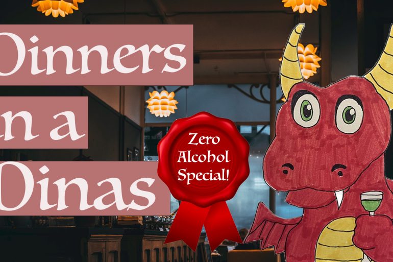 A red cartoon dragon holds a glass of wine in an ambient restaurant.