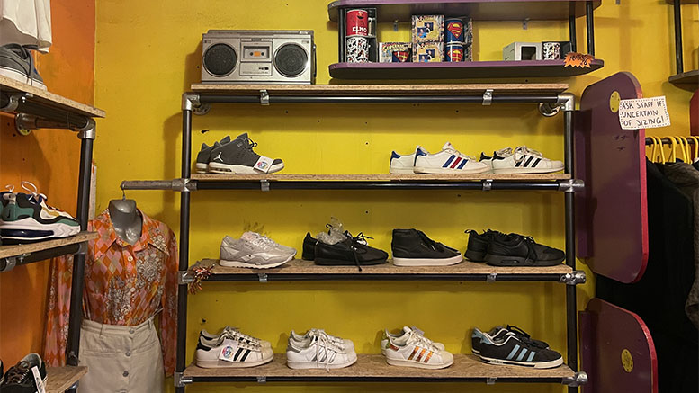 A rack of sneakers in Hobo's Vintage - a thrift shop in High Street Arcade