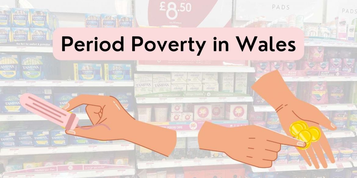 A graphic created by Maggie Gannon showing a stand of period products in a shop, with a banner overlaid on top reading 'period poverty in wales', and two sets of hands, one holding a tampon and the others counting money.