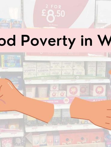 A graphic created by Maggie Gannon showing a stand of period products in a shop, with a banner overlaid on top reading 'period poverty in wales', and two sets of hands, one holding a tampon and the others counting money.