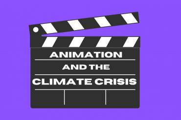 A clapperboard with the text 'Animation and Climate Crisis' on a purple background.