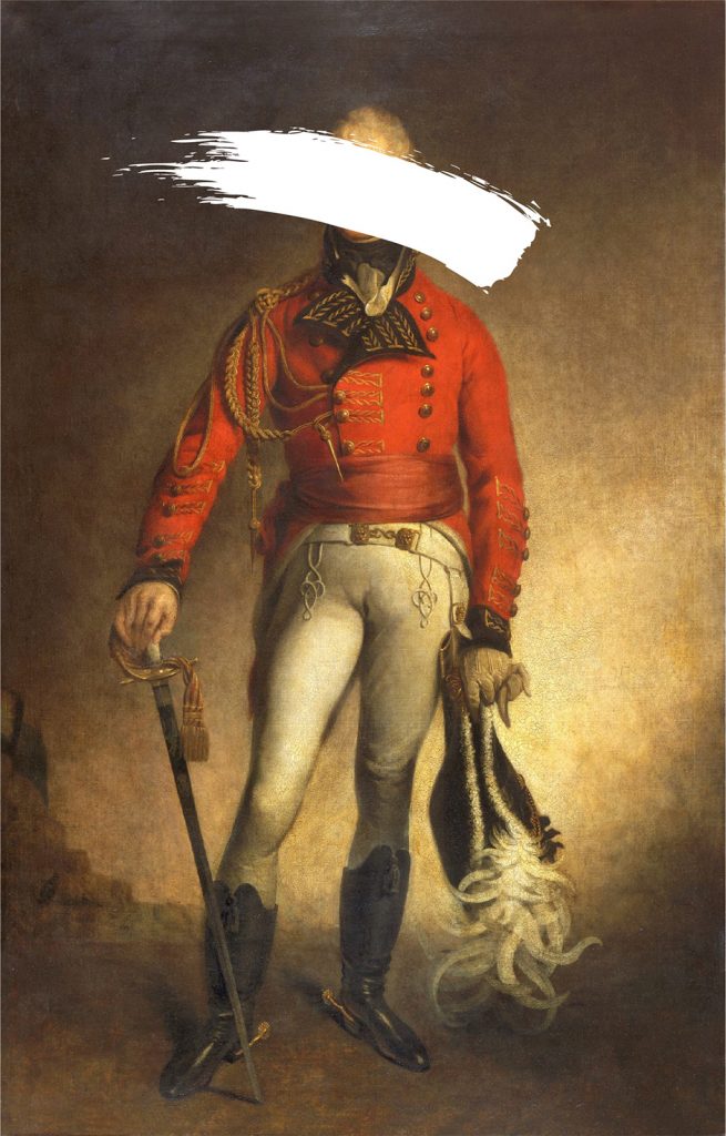 Thomas Picton's painting: A white man in a red coat and pale trousers, with his face covered by a white paint mark added digitally.