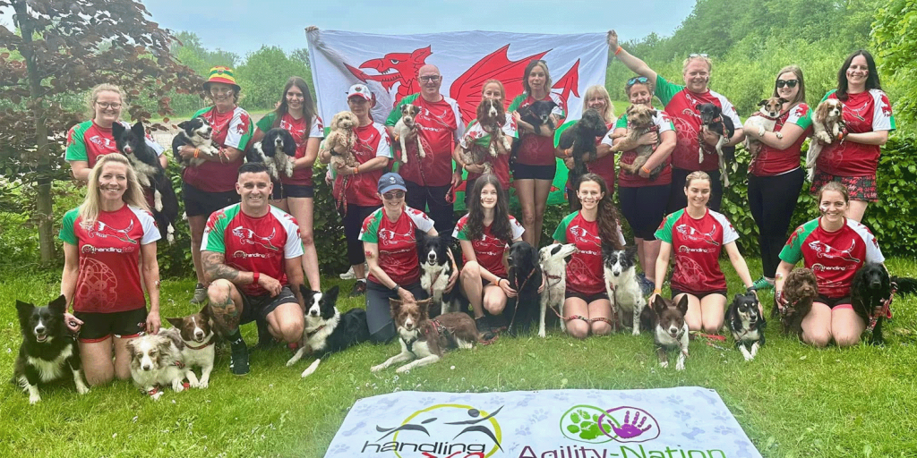 Photo of the Team Wales dog agility squad posing in front of the Welsh flag