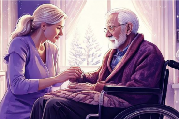 A man is sitting in a cold, purple-filtered room while being cared for by a family member in an AI-generated image