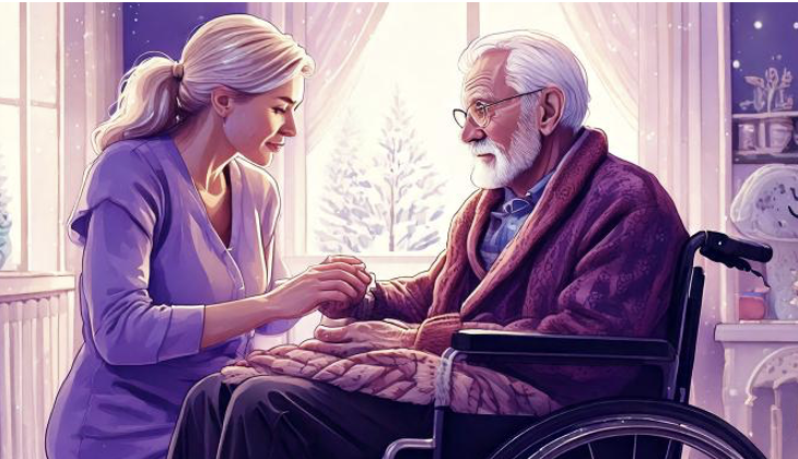 A man is sitting in a cold, purple-filtered room while being cared for by a family member in an AI-generated image