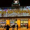 Outside of Cardiff Central train station, showing the Christmas illuminations