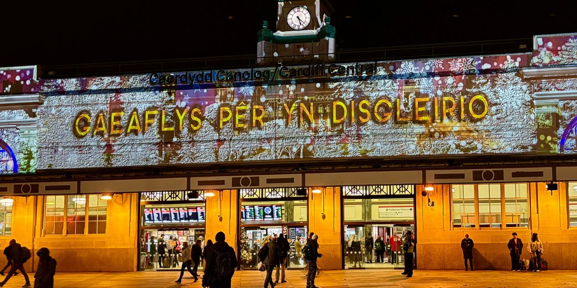 Outside of Cardiff Central train station, showing the Christmas illuminations