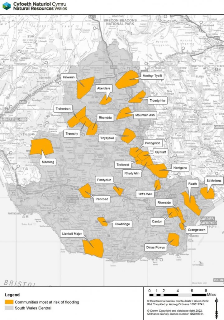 A map showing the most at-risk areas for climate showing in central south Wales