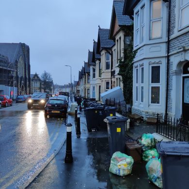 Black bins block pavement on Pen-y-Wain