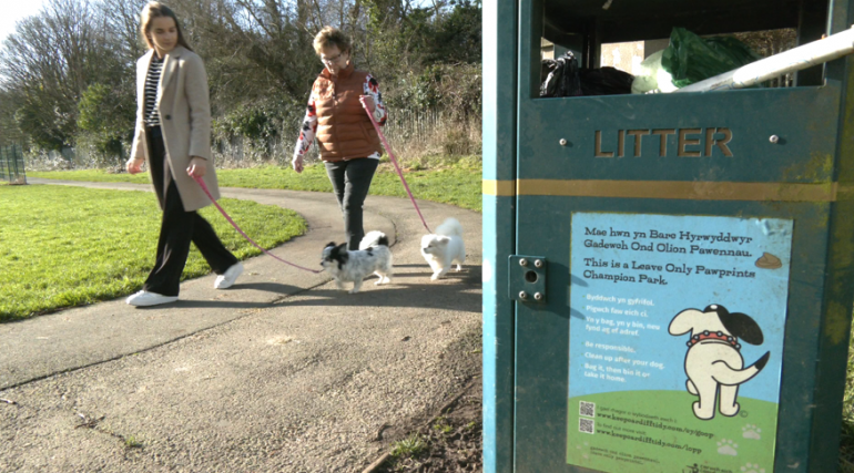 Two dog walkers walk past a bin overflowing with poo bags with an anti-dog fouling poster on the side