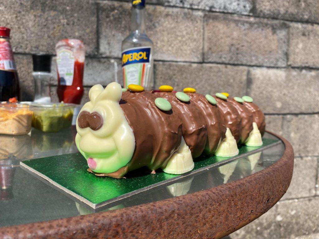 colin the caterpillar on a table outdoors