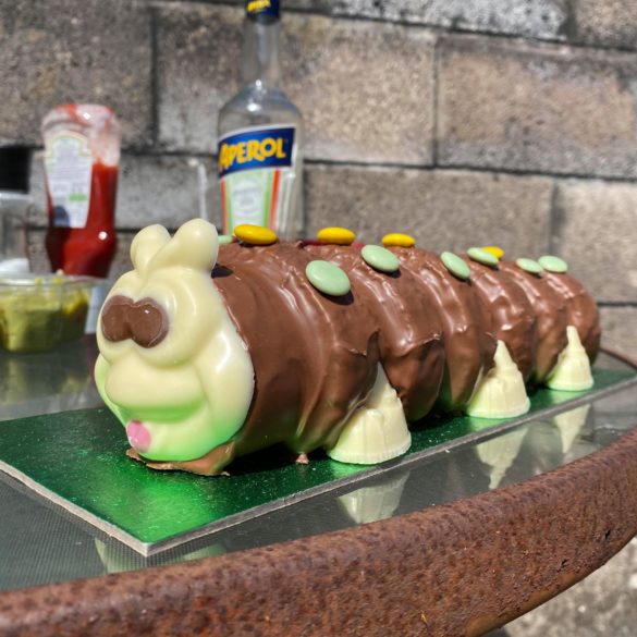 colin the caterpillar on a table outdoors