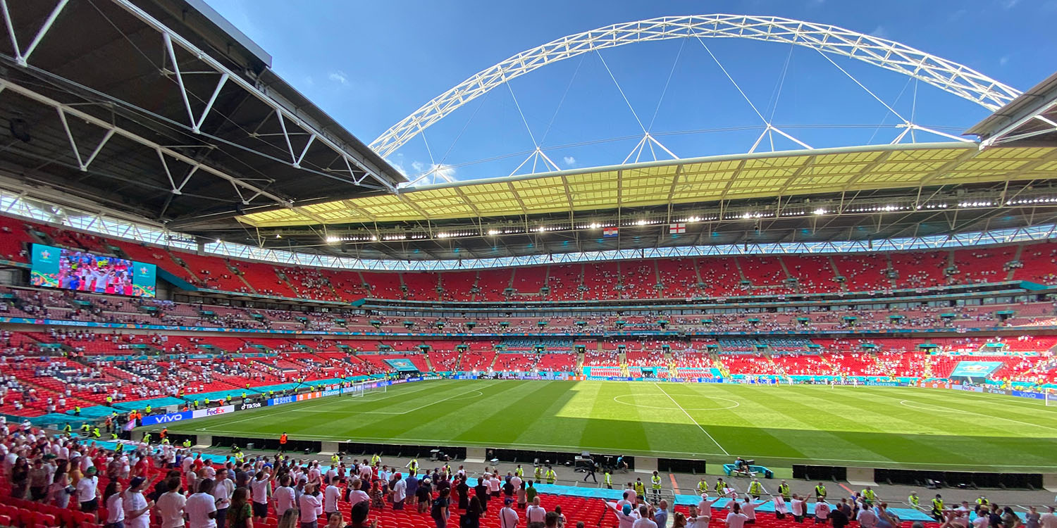 A crowd arrives at Wembley stadium, location for the final of the UEFA's Women's Euro 2022