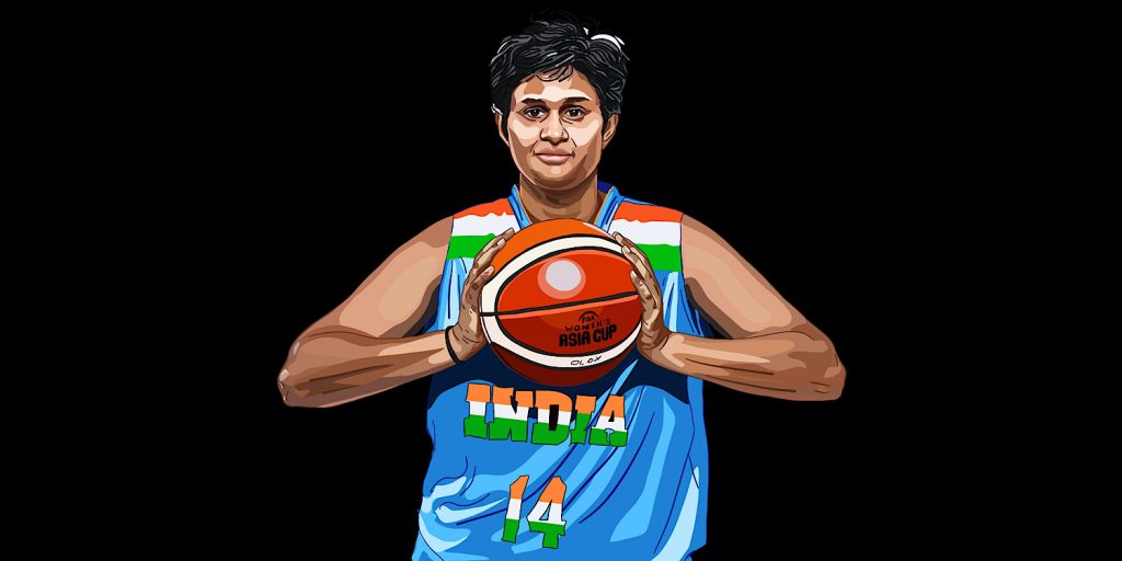 Indian basketball captain Shireen Limaye holds a ball in an illustration brought to life by Shubhangi Dua