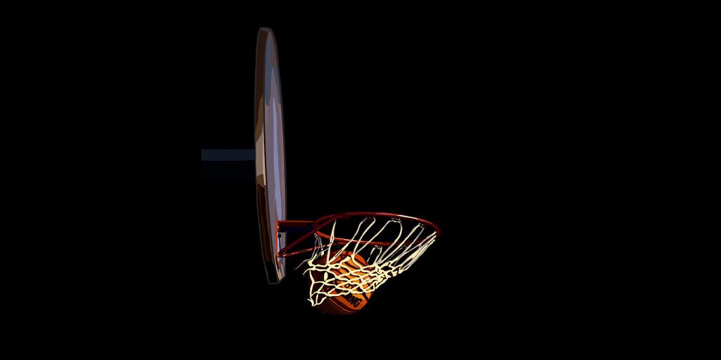 A basketball slam dunks into the net in front of a dark background