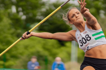Welsh heptathlete Lauryn Davey participating in a javelin throw competition