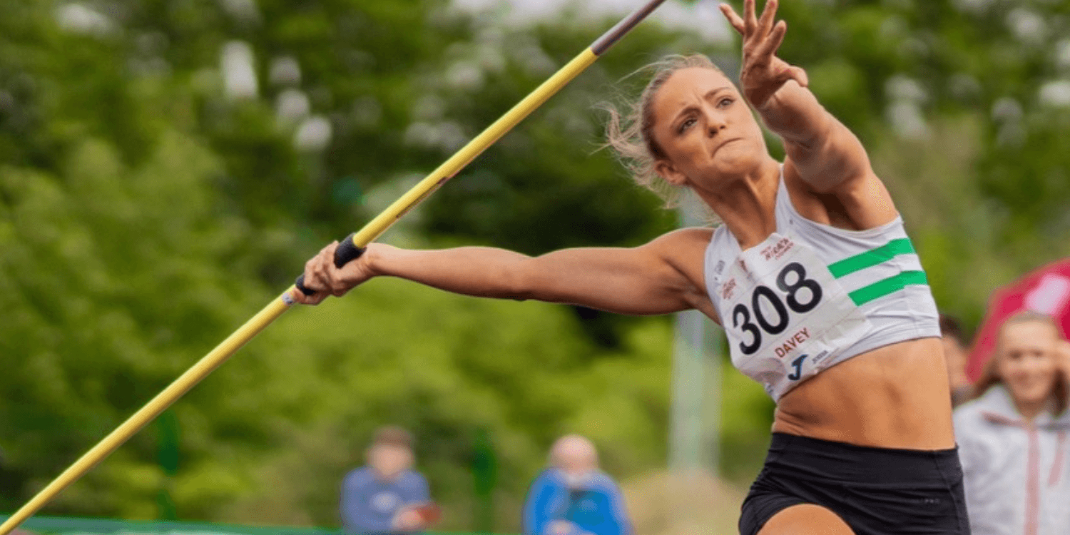 Welsh heptathlete Lauryn Davey participating in a javelin throw competition