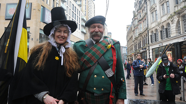 Parade organiser Petersen (right) and his daughter Abigail in traditional Welsh clothes