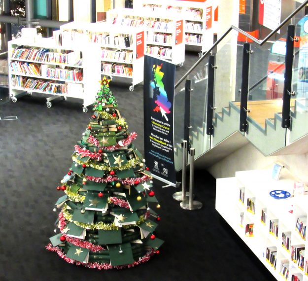 The Cardiff Central Library displays its book-Christmas tree recently.