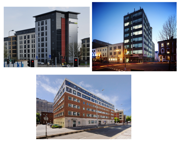 Some of the recently-built student accommodation in Cardiff. Clockwise: Student Castle (Ph: Lewis Clarke), Summit House (Ph: Collegiate AC) and Shand House (Ph: Victoria Hall)