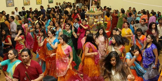 Hindus celebrating Navratri, a festival, at the temple