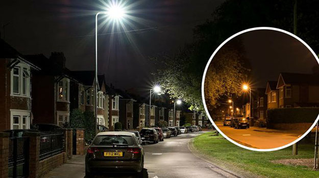 The difference between the old streetlights and the new LED streetlights. Copyright: WalesOnline