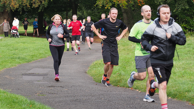 Group aerobics for Resolution Run warm up. 