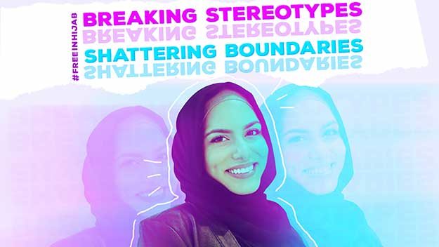 Image of a smiling woman wearing a headscarf. Over her head reads "Breaking stereotypes, shattering boundaries"