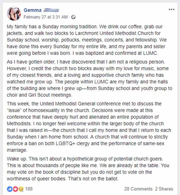 A screen shot from a young woman speaking out against the Methodist General Conference vote to take a stronger stance against LGBTQ clergy and same-sex weddings.
