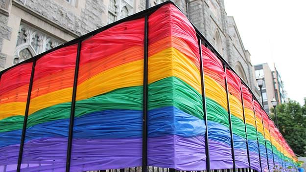 Rainbow sheets outside a Methodist Church in support of LGBTQ rights