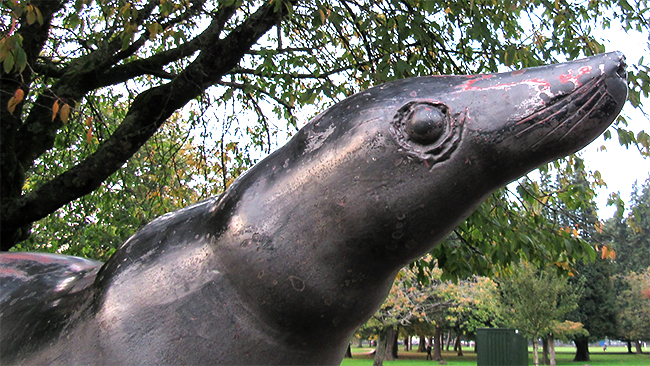 A statue of Billy the Seal in Canton Park Cardiff.