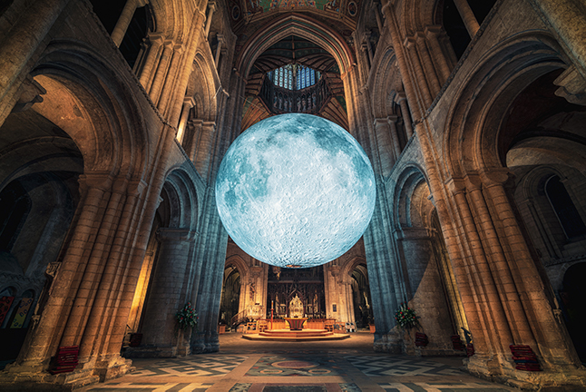 The moon model being displayed in Ely Cathedral.