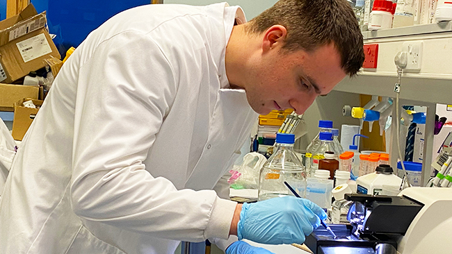 A researcher working in a lab at Cardiff University.